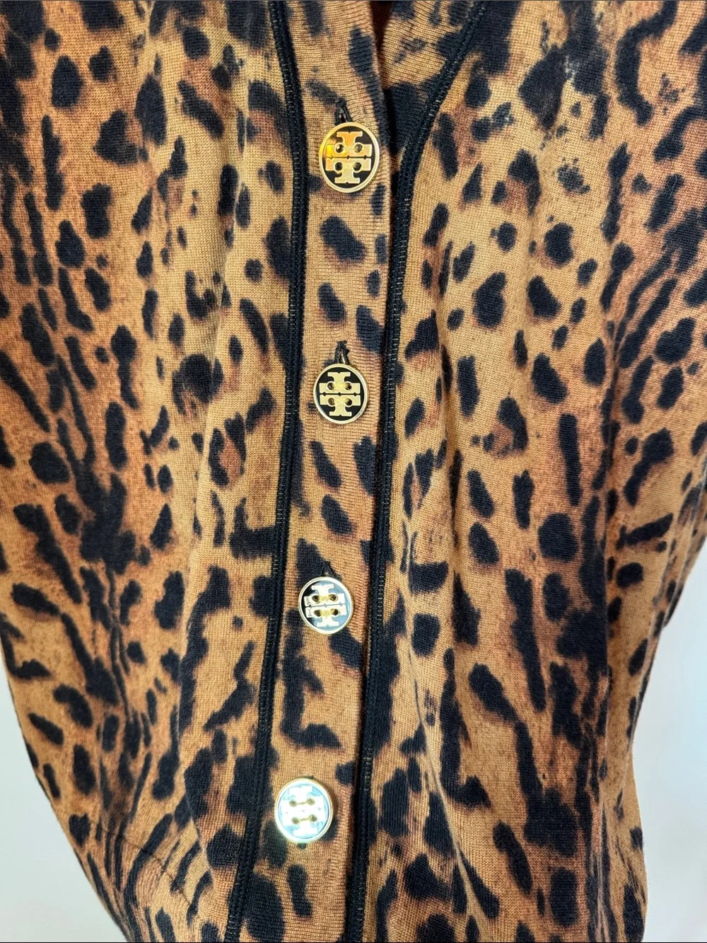 Tory Burch Leopard-Print Cardigan — Black & Tan